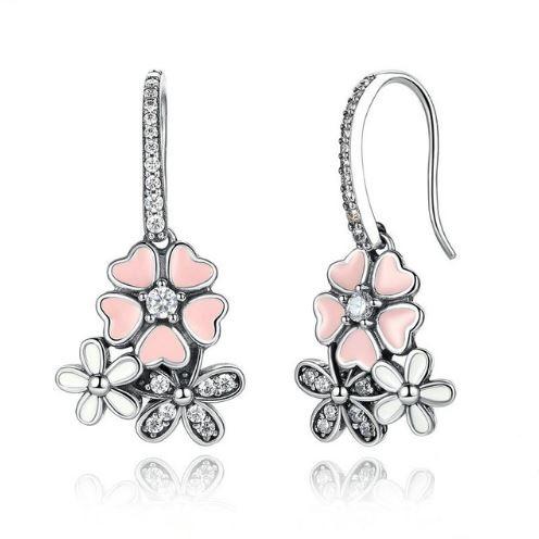 Silver Pink Flower Earrings